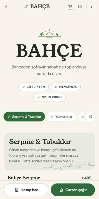 BAHÇE — örnek menü önizlemesi