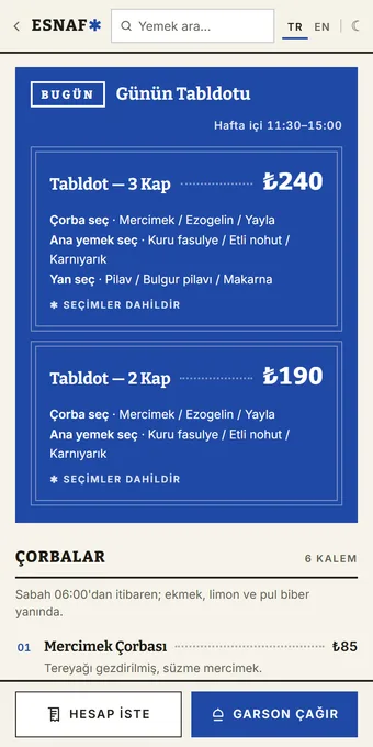 ESNAF — örnek menü önizlemesi