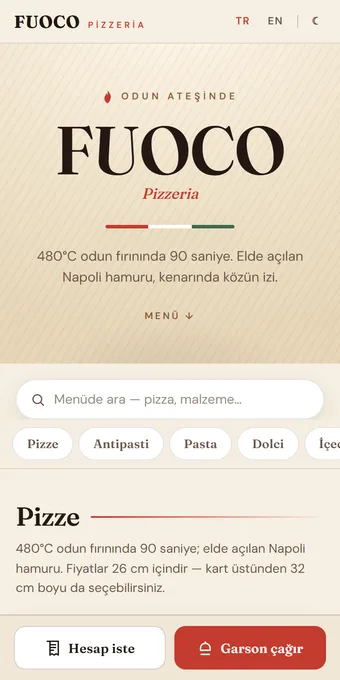 FUOCO · Pizzeria — örnek menü önizlemesi