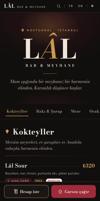LÂL · Bar & Meyhane — örnek menü önizlemesi