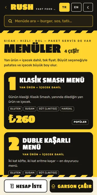 RUSH — örnek menü önizlemesi