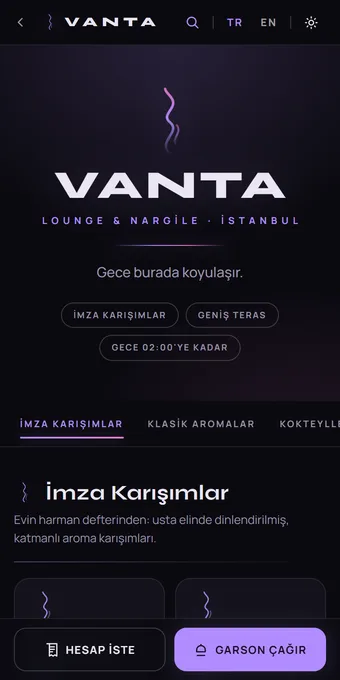 VANTA — örnek menü önizlemesi